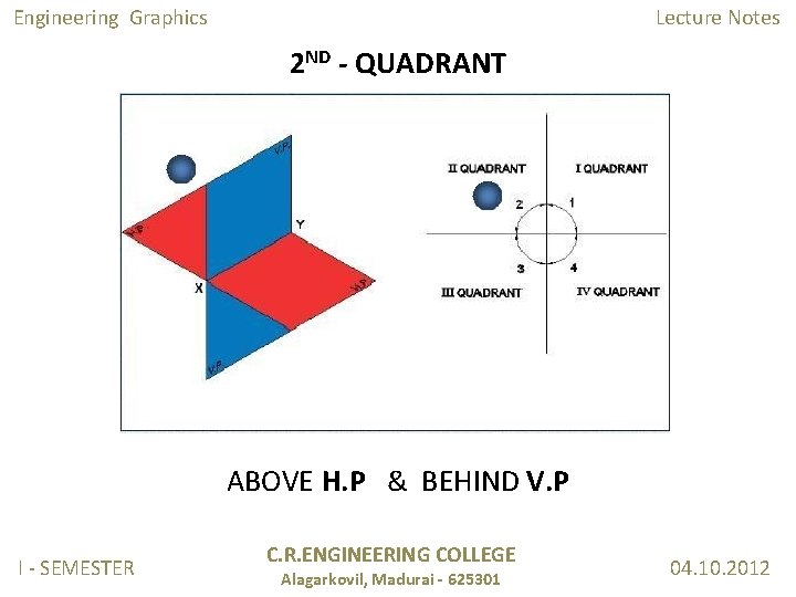 Engineering Graphics Lecture Notes 2 ND - QUADRANT ABOVE H. P & BEHIND V. Engineering Graphics Lecture Notes 2 ND - QUADRANT ABOVE H. P & BEHIND V.