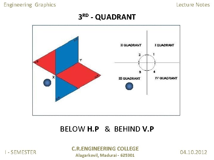 Engineering Graphics Lecture Notes 3 RD - QUADRANT BELOW H. P & BEHIND V. Engineering Graphics Lecture Notes 3 RD - QUADRANT BELOW H. P & BEHIND V.