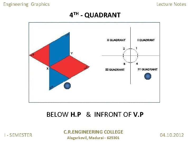 Engineering Graphics Lecture Notes 4 TH - QUADRANT BELOW H. P & INFRONT OF Engineering Graphics Lecture Notes 4 TH - QUADRANT BELOW H. P & INFRONT OF