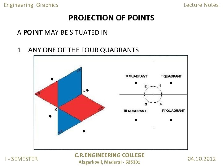 Engineering Graphics Lecture Notes PROJECTION OF POINTS A POINT MAY BE SITUATED IN 1. Engineering Graphics Lecture Notes PROJECTION OF POINTS A POINT MAY BE SITUATED IN 1.