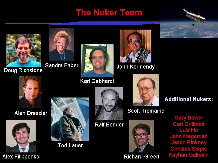 The Nuker Team Doug Richstone Sandra Faber John Kormendy Karl Gebhardt Additional Nukers: Scott