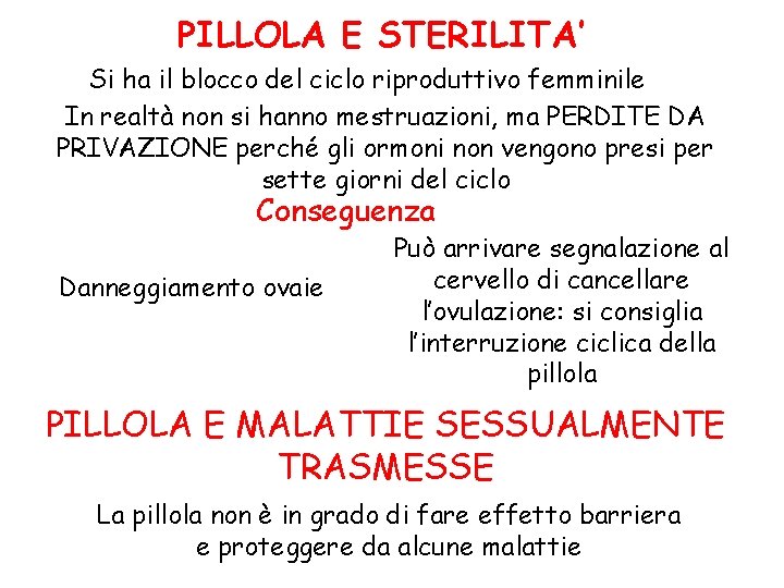 PILLOLA E STERILITA’ Si ha il blocco del ciclo riproduttivo femminile In realtà non