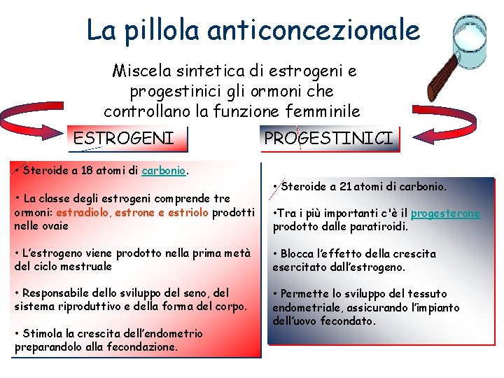 La pillola anticoncezionale Miscela sintetica di estrogeni e progestinici gli ormoni che controllano la