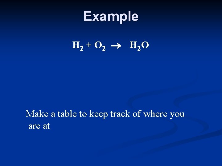 Example H 2 + O 2 ® H 2 O Make a table to