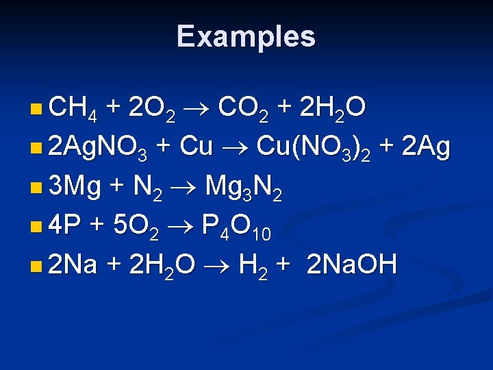 Examples + 2 O 2 CO 2 + 2 H 2 O n 2