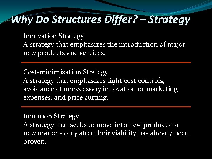 Why Do Structures Differ? – Strategy Innovation Strategy A strategy that emphasizes the introduction