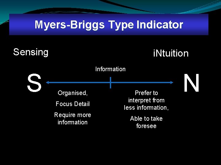 Myers-Briggs Type Indicator Sensing S i. Ntuition Information Organised, Focus Detail Require more information