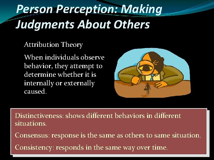 Person Perception: Making Judgments About Others Attribution Theory When individuals observe behavior, they attempt