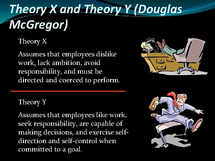 Theory X and Theory Y (Douglas Mc. Gregor) Theory X Assumes that employees dislike