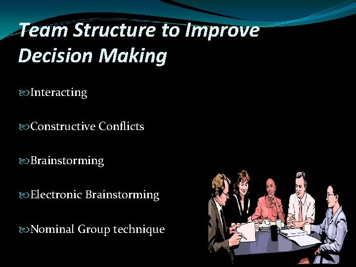 Team Structure to Improve Decision Making Interacting Constructive Conflicts Brainstorming Electronic Brainstorming Nominal Group