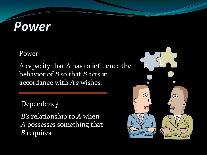 Power A capacity that A has to influence the behavior of B so that