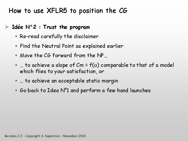 How to use XFLR 5 to position the CG Idée N° 2 : Trust