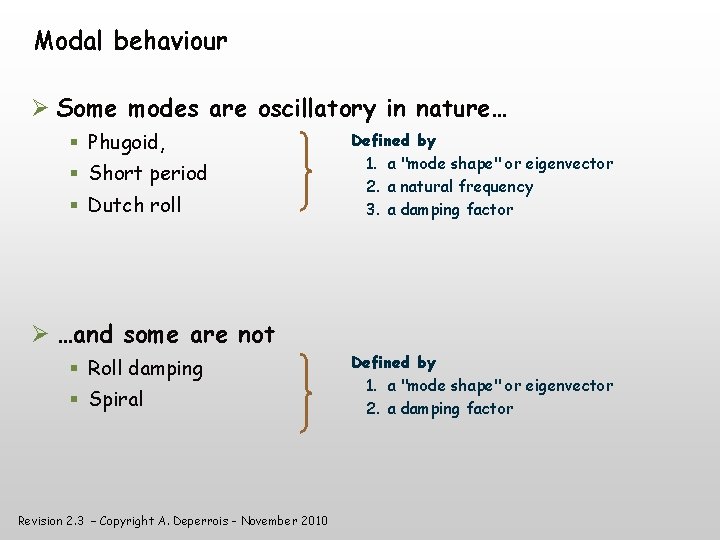 Modal behaviour Some modes are oscillatory in nature… Phugoid, Short period Dutch roll Defined