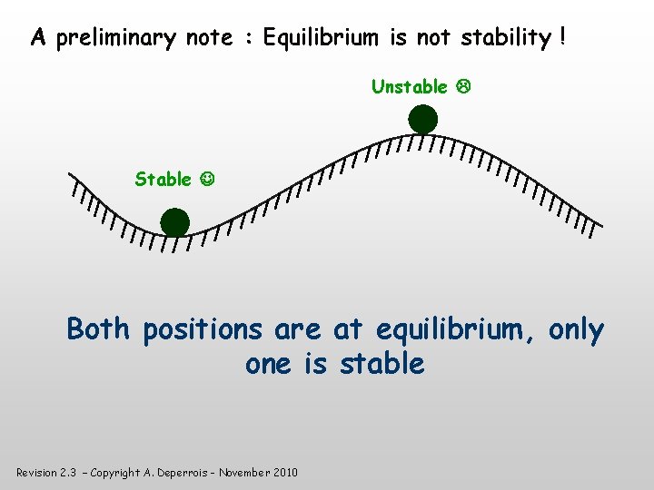 A preliminary note : Equilibrium is not stability ! Unstable Stable Both positions are