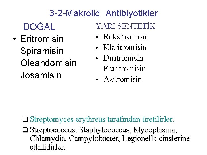 3 -2 -Makrolid Antibiyotikler YARI SENTETİK DOĞAL • Roksitromisin • Eritromisin • Klaritromisin Spiramisin