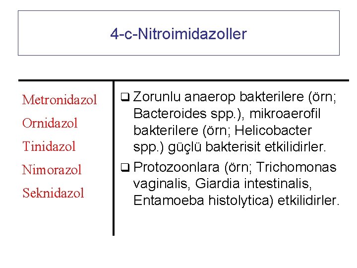 4 -c-Nitroimidazoller Metronidazol Ornidazol Tinidazol Nimorazol Seknidazol q Zorunlu anaerop bakterilere (örn; Bacteroides spp.