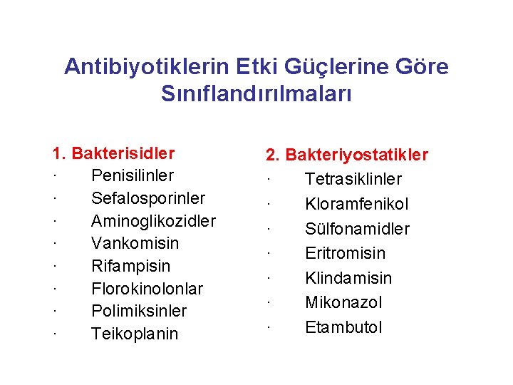 Antibiyotiklerin Etki Güçlerine Göre Sınıflandırılmaları 1. Bakterisidler · Penisilinler · Sefalosporinler · Aminoglikozidler ·