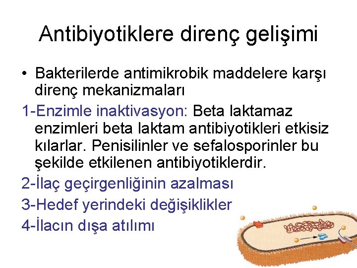 Antibiyotiklere direnç gelişimi • Bakterilerde antimikrobik maddelere karşı direnç mekanizmaları 1 -Enzimle inaktivasyon: Beta