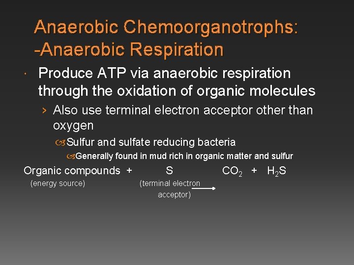 Anaerobic Chemoorganotrophs: -Anaerobic Respiration Produce ATP via anaerobic respiration through the oxidation of organic