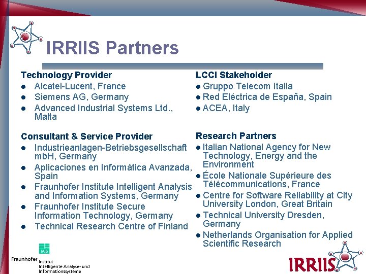 IRRIIS Partners Technology Provider l Alcatel-Lucent, France l Siemens AG, Germany l Advanced Industrial