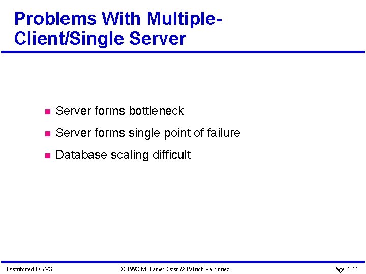 Problems With Multiple. Client/Single Server forms bottleneck Server forms single point of failure Database Problems With Multiple. Client/Single Server forms bottleneck Server forms single point of failure Database