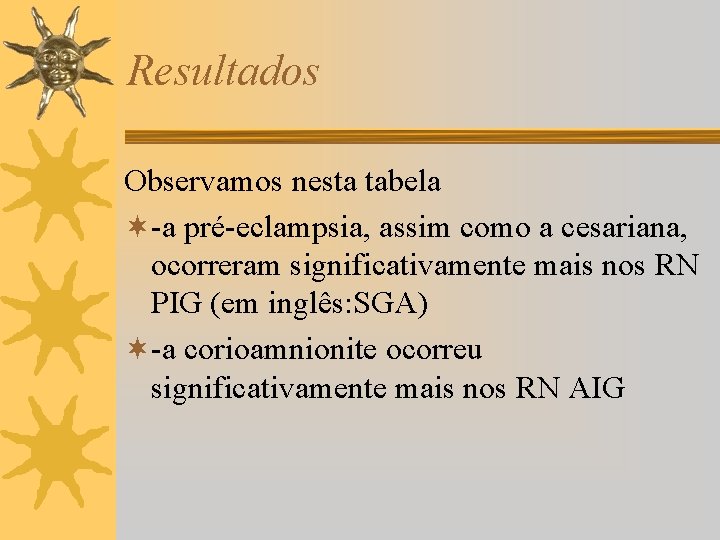 Resultados Observamos nesta tabela ¬-a pré-eclampsia, assim como a cesariana, ocorreram significativamente mais nos