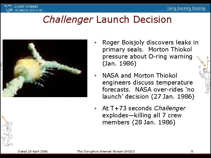 Challenger Launch Decision • Roger Boisjoly discovers leaks in primary seals. Morton Thiokol pressure