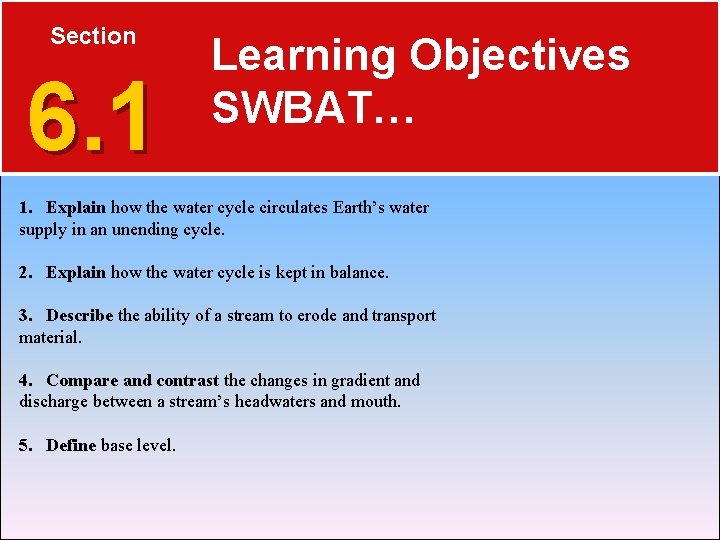 Section 6. 1 Learning Objectives SWBAT… 1. Explain how the water cycle circulates Earth’s