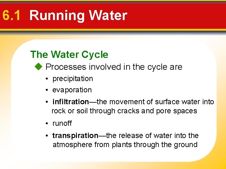 6. 1 Running Water The Water Cycle Processes involved in the cycle are •