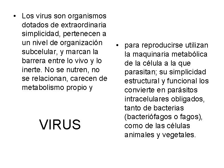  • Los virus son organismos dotados de extraordinaria simplicidad, pertenecen a un nivel