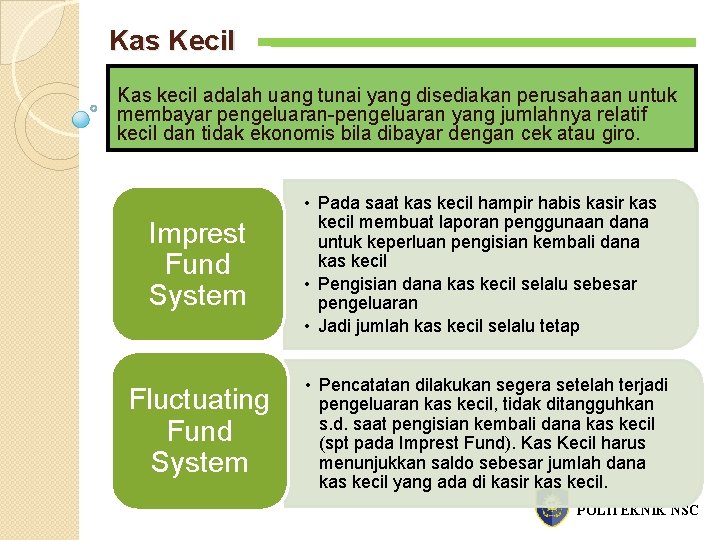 Kas Kecil Kas kecil adalah uang tunai yang disediakan perusahaan untuk membayar pengeluaran-pengeluaran yang