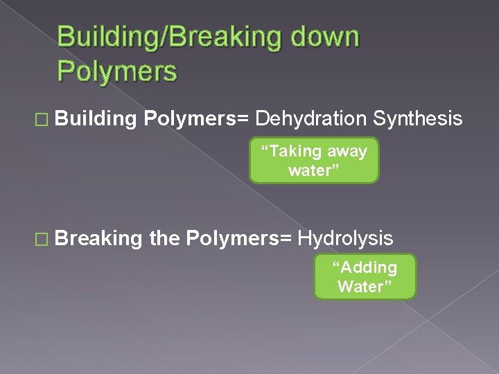 Building/Breaking down Polymers � Building Polymers= Dehydration Synthesis “Taking away water” � Breaking the
