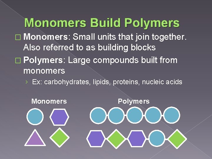 Monomers Build Polymers � Monomers: Small units that join together. Also referred to as