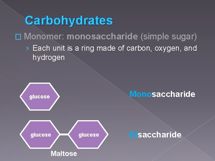 Carbohydrates � Monomer: monosaccharide (simple sugar) › Each unit is a ring made of Carbohydrates � Monomer: monosaccharide (simple sugar) › Each unit is a ring made of