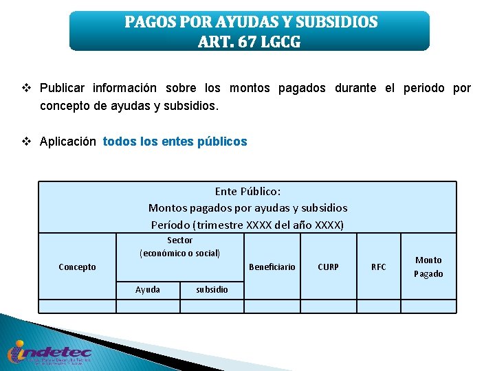 PAGOS POR AYUDAS Y SUBSIDIOS ART. 67 LGCG v Publicar información sobre los montos