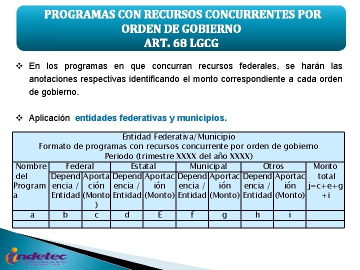 PROGRAMAS CON RECURSOS CONCURRENTES POR ORDEN DE GOBIERNO ART. 68 LGCG v En los