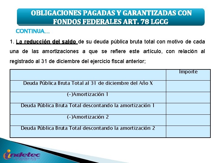 OBLIGACIONES PAGADAS Y GARANTIZADAS CON FONDOS FEDERALES ART. 78 LGCG CONTINUA… 1. La reducción