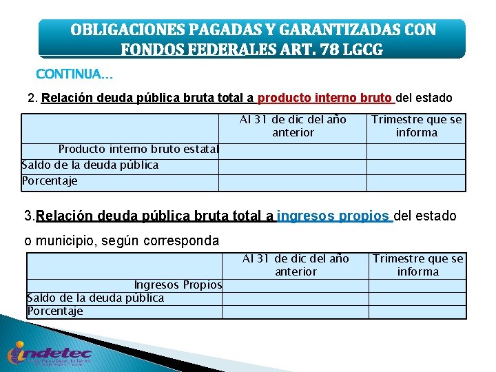 OBLIGACIONES PAGADAS Y GARANTIZADAS CON FONDOS FEDERALES ART. 78 LGCG CONTINUA… 2. Relación deuda