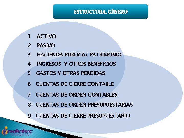 ESTRUCTURA, GÉNERO 1 ACTIVO 2 PASIVO 3 HACIENDA PUBLICA/ PATRIMONIO 4 INGRESOS Y OTROS