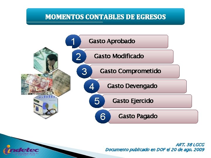 MOMENTOS CONTABLES DE EGRESOS 1 Gasto Aprobado 2 Gasto Modificado 3 Gasto Comprometido 4