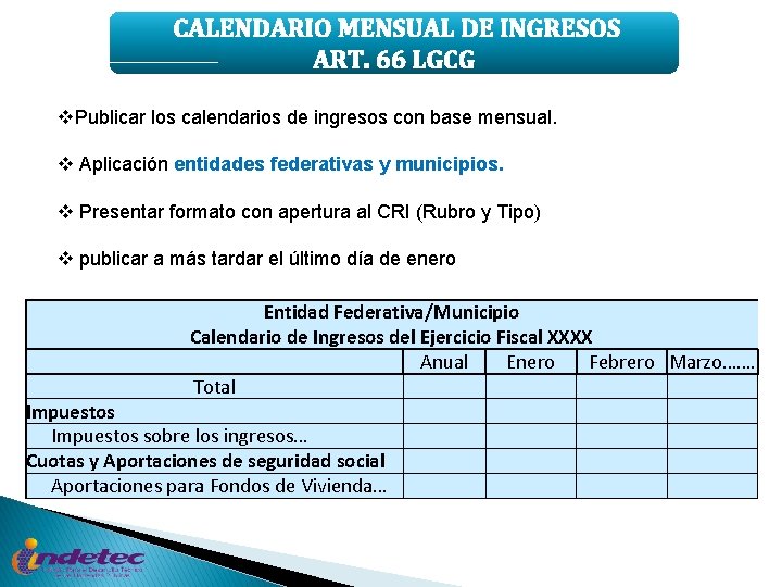 CALENDARIO MENSUAL DE INGRESOS ART. 66 LGCG v. Publicar los calendarios de ingresos con
