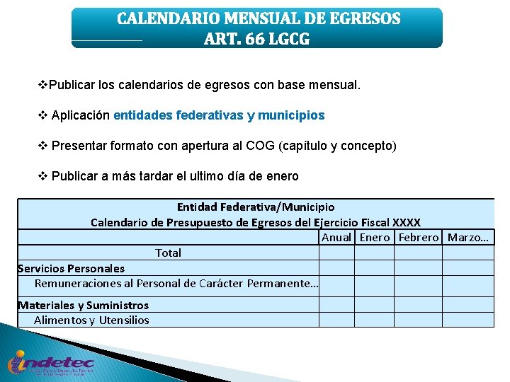 CALENDARIO MENSUAL DE EGRESOS ART. 66 LGCG v. Publicar los calendarios de egresos con