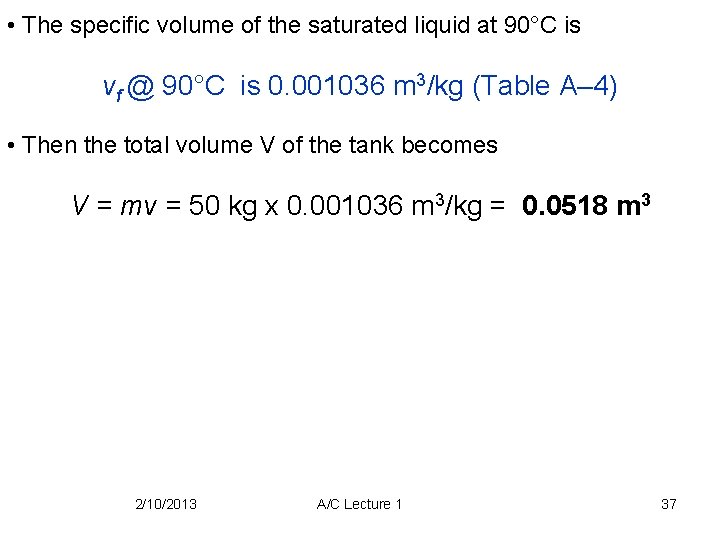  • The specific volume of the saturated liquid at 90°C is vf @