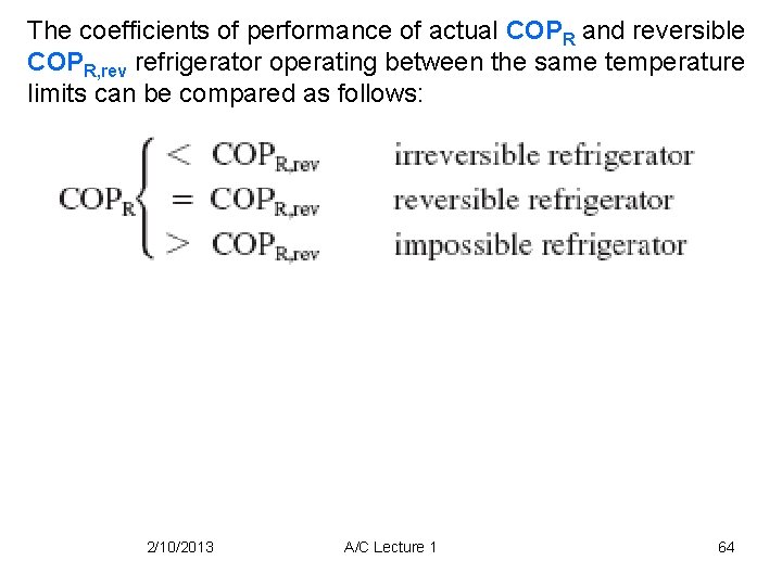 The coefficients of performance of actual COPR and reversible COPR, rev refrigerator operating between