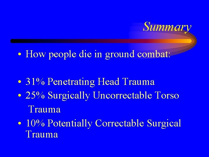 Summary • How people die in ground combat: • 31% Penetrating Head Trauma •