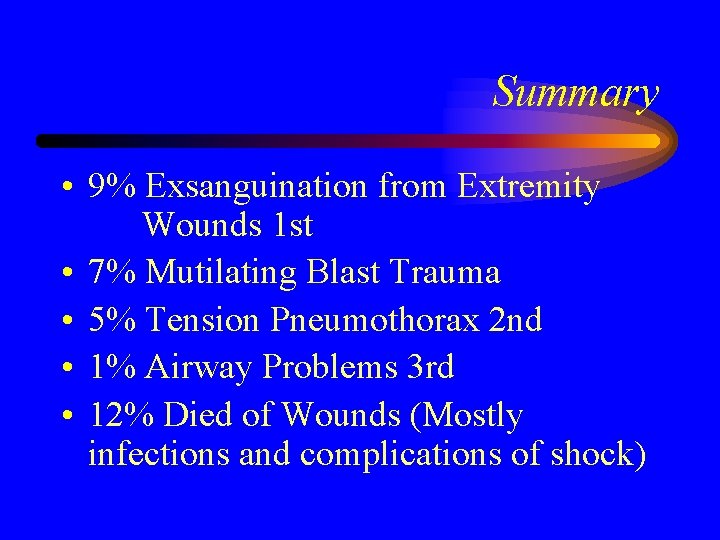 Summary • 9% Exsanguination from Extremity Wounds 1 st • 7% Mutilating Blast Trauma
