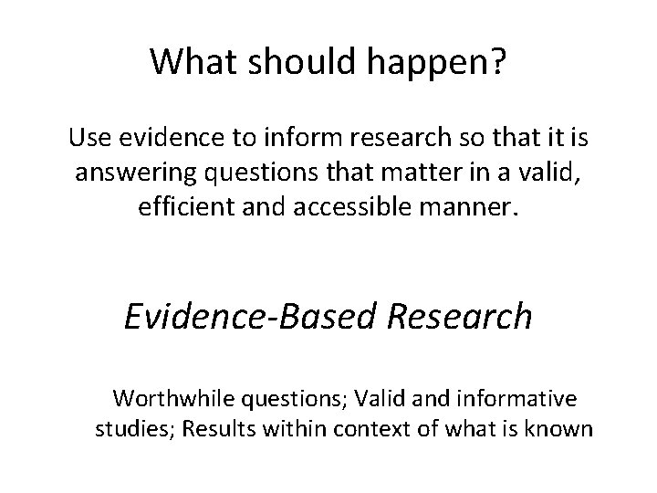 What should happen? Use evidence to inform research so that it is answering questions