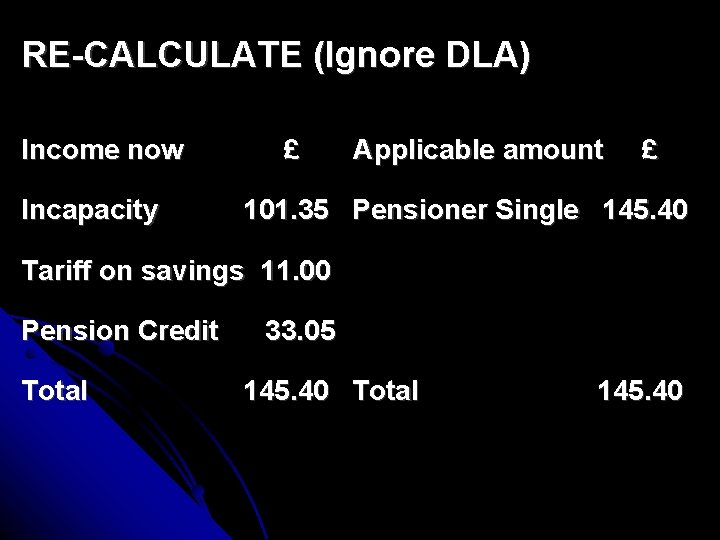 RE-CALCULATE (Ignore DLA) Income now Incapacity £ Applicable amount £ 101. 35 Pensioner Single