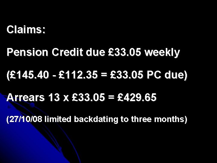 Claims: Pension Credit due £ 33. 05 weekly (£ 145. 40 - £ 112.