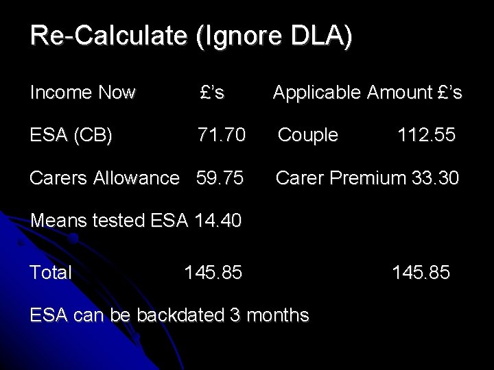 Re-Calculate (Ignore DLA) Income Now £’s Applicable Amount £’s ESA (CB) 71. 70 Couple